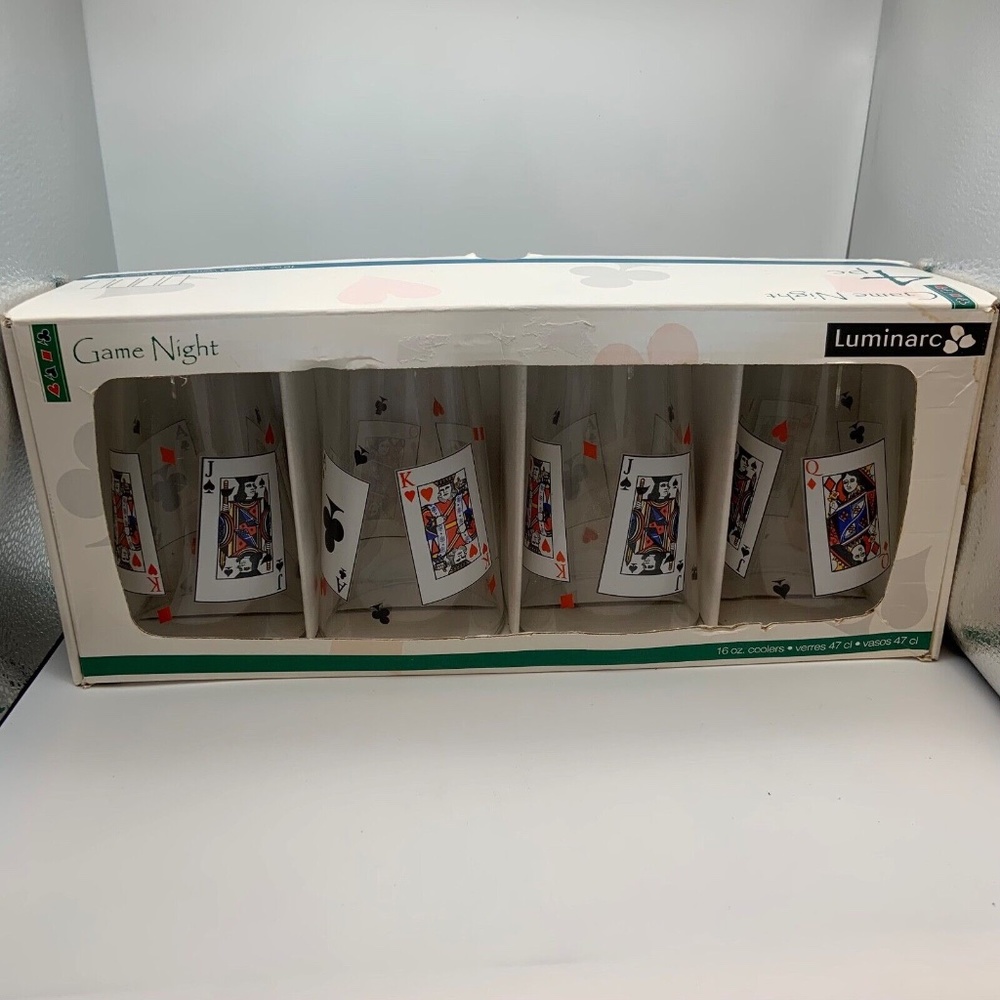 New Set of Four Luminarc Game Night Glasses 16 oz Coolers